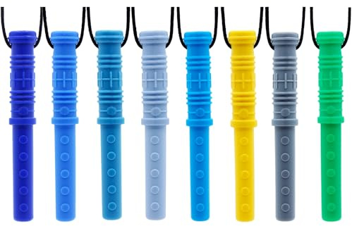 GNAWRISHING Chew Necklaces for Sensory Kids 8 Pcs Sensory Chewy Toys for Autism Boy, ADHD Toddler, Adult(8pcs Cylinder Shape for Boy)
