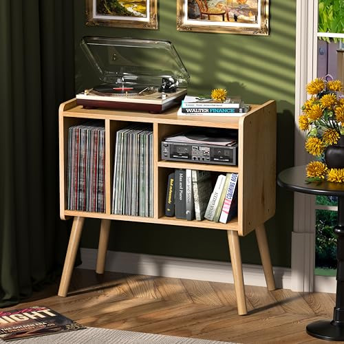 UODERS Tocadiscos de mediados de siglo con almacenamiento de vinilo para hasta más de 150 álbumes, armario de vinilo con estantes ajustables, nogal