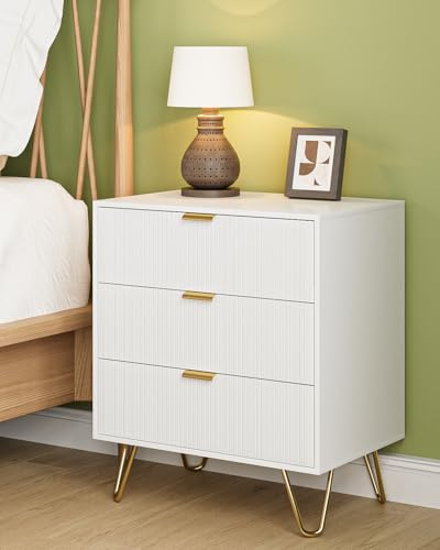 Apetaccat Nachttisch Kommode Schlafzimmer, 3-Schublade Kommode, 60x40x70cm,weißer Nachtschrank mit Metallgriffen, für Schlafzimmer Wohnzimmer, Flur