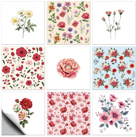 CHGCRAFT 18 Stück 9 Stil Vintage Blumen Patten Fliesen Aufkleber Rosen Gänseblümchen Peel and Stick Wandfliesenaufkleber Wasserfeste Selbstklebende für Küche Bad Wandkunst Dekor 6×6 Zoll