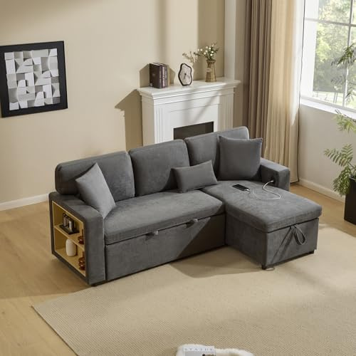 LAKFEW Ecksofa mit Schlaffunktion und USB, Schlafsofa mit Bettkasten und Stauraum, Schlafcouch Eckcouch mit Integriertem Regal und Seitentaschen, Couch L Form, Wohnzimmer Möbel, Dunkelgrau, Oxford