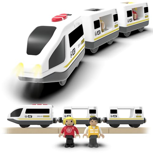DxxD Trenino Elettrico per Bambini, Trenino Legno Giocattolo con Suono e luce, Bambino Treno Intercity con Figure, Locomotiva ad Azione a Batteria Compatibile con Thomas Brio, Ragazzi 3+ Anni, Bianco