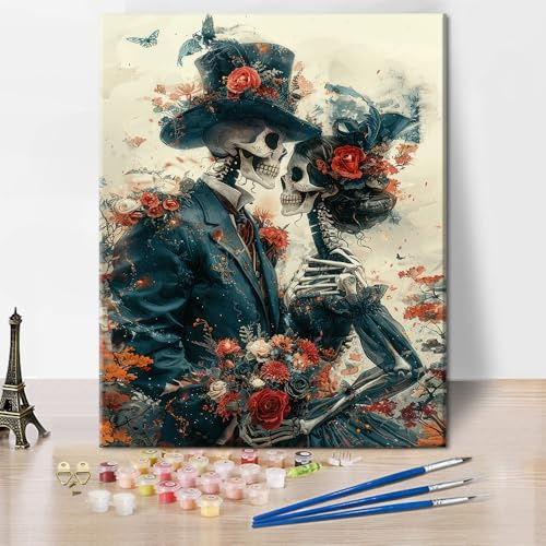 TISHIRON Romantiskt dödskalle-motiv måla efter siffror – rosor och fjärilar, 40 x 50 cm oljemålning stil på duk (utan ram), konstset för samlare