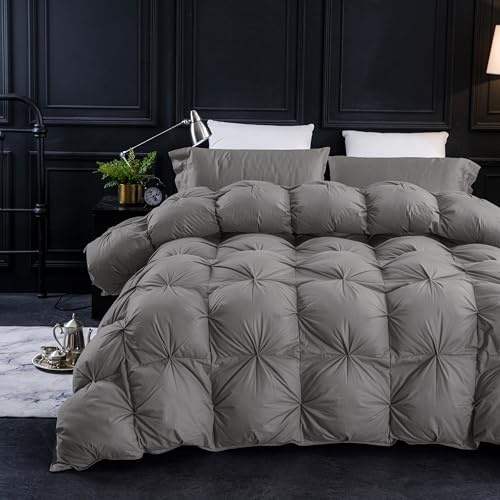 Three Geese King Size Pinch Pleat Feather Down Fiber Comforter - All-Season Down Duvet Insert Fluffy Baffle Box Design with 8 Corner Loops for Warmth and Softness.