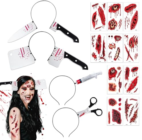 ISparbox Halloween Horror Haarreif, 4 Stück Halloween Messer im Kopf Schere Haarschmuck Horror mit 10 Blutige Narbe Temporäre Tattoos, Gruselige Haarreif Zombie Accessoire für Karneval Masquerade