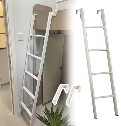 Escalera de metal blanco que ahorra espacio para literas y caravanas, escalón corto de 55 pulgadas con ganchos, perfecto para dormitorios y espacios pequeños y fácil instalación