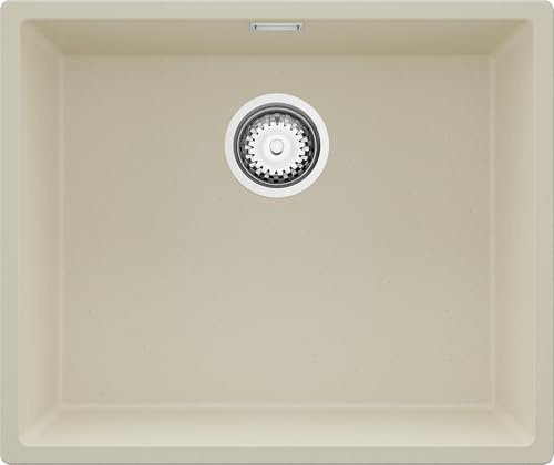 PRIMAGRAN Fregadero bajo Encimera al Mueble 60cm + Kit de desagüe, 56x47cm | Set: Kit de desagüe (sifón, válvula, rebosadero) + London 1 Seno para Cocina, Beige