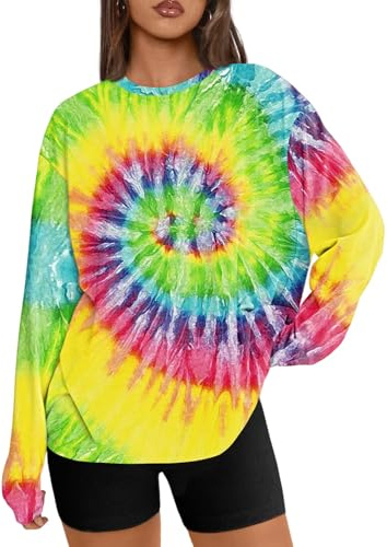 Trendy Queen Womens Spring Tops Oversized Long Sleeve T Shirts 2026 Basic Tee Fall Casual Workout Y2K Clothes Tie Dye Rainbow M