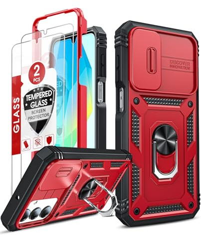 LeYi for Samsung Galaxy A16 4G/5G Case with Camera Cover Slider,RedBlack | 2 Tempered Glass Screen Protector, Ring StHolder, 360 Full Body Tough Armour Cover Hard Heavy Duty Case for Samsung A 16