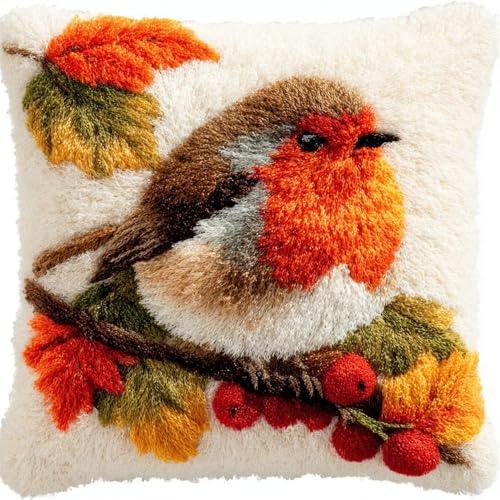 RKFLGEW Latch Hook Kit for Adults,Robin Bird Latch Hook Pillow Case Kits, DIY Cushion Kit 17X17Inch, Cross Stitch Embroidery Kits Cover Home Decor 43X43Cm
