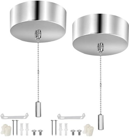 2pcs Pull Cord Light Switch Bathroom, Ceiling Mounted Bathroom Light Pull Cord Switch with 150cm Long Chain and Cylindrical Handle, Suitable for Bathrooms, Living Room, Bedroom