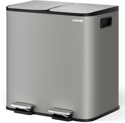 GarveeHome Mülleimer Küche, Mülleimer 2 fächer, Mülltrennsystem 2 x 15 Liter, Tretmülleimer mit Edelstahldeckel, Softclose-Deckel mit Inneneimer für Recycling und Restmüll, Grau