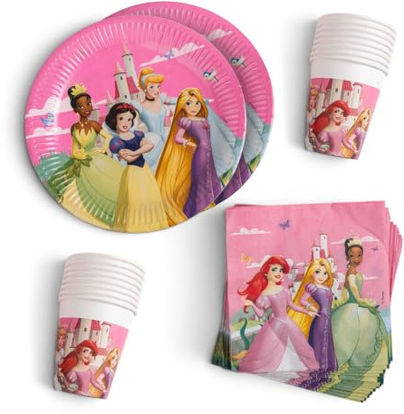 Procos - Decoración de cumpleaños Disney Princess Create Your World, 52 piezas, platos de cartón, vasos y servilletas para fiestas de cumpleaños infantiles, vajilla para fiestas