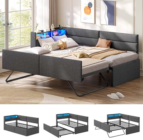 AOGLLATI Ausziehbares Schlafsofa 90/180×200 cm, Tagesbett mit LED-Beleuchtung und Ladestation, Polsterbett mit Ausziehbares Rollbett & Stauraum Kopfteil, Einzelbett, Leinen, Dunkelgrau (ohne Matratze)