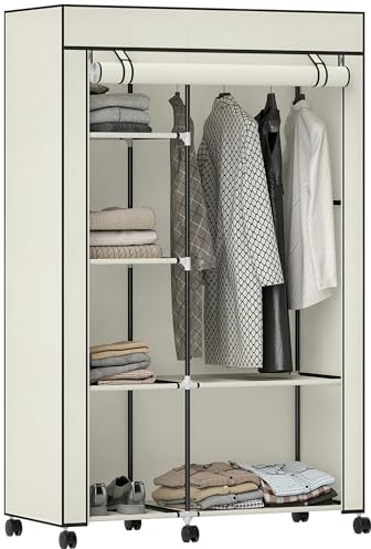 HOMCOM Armoire Penderie en Tissu Mobile 6 roulettes 103x43x162,5cm Crème
