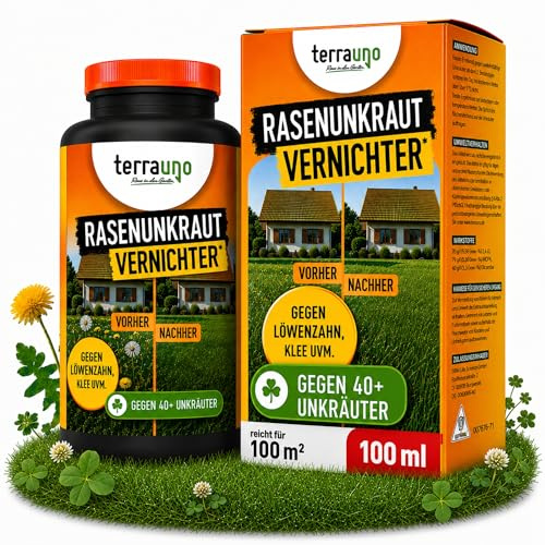TerraUno Unkrautvernichter Rasen 100 ml, Flüssiges Unkrautvernichtungsmittel extra stark, gegen über 40 Unkräuter, Löwenzahn und Klee Vernichter, Rasenunkrautvernichter mit wurzeltiefer Wirkung