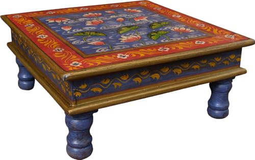 Guru-Shop Tavolino Dipinto, Mini Tavolo, Panca a Fiori - blu Giglio D`acqua/rosso/giallo, 16x38x38 cm, Tavolini Tavoli da Caffè Tavoli da Terra