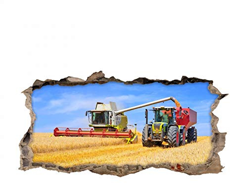 134 Wandtattoo Mähdrescher und Traktor - Loch in der Wand - Coole Kinderzimmer Sticker Aufkleber Wanddeko Wandbild Junge Trecker - Größe 1500 x 750 mm
