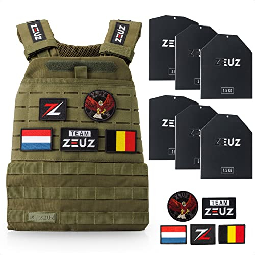 ZEUZ Verstellbare Gewichtsweste 16,5 KG für Fitness, Calesthenics & CrossFit - Weights Plattenträger, Taktische Weste, Plate Carrier & Tactical Gewicht Vest - Enthält 4 Patches - 19 Gewichte (Grün)