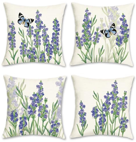 Bonhause 4er Set Kissenbezüge Lila Blumen 45 x 45 cm Polyester Leinen Dekorative Kissenhülle Zierkissenbezüge für Sofa Schlafzimmer Wohnzimmer Auto Zuhause Dekoration