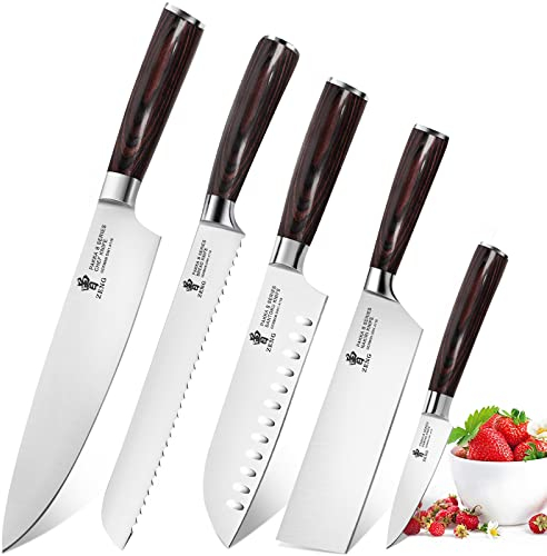 ZENG 5pcs Set de Couteaux de Cuisine Set de Couteaux Japonais Couteau Santoku Tranchant Polyvalent en Acier Inoxydable Ergonomique Pakkawood Grifen pour la Maison et le Restaurant