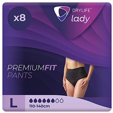 Drylife Lady Discreet Premium Fit Incontinence Pants for Bladder Weakness - Fast Absorption Core, Anti-Leak Barriers, Odour Control, Feminine Style for Women - Large (Pack of 8)