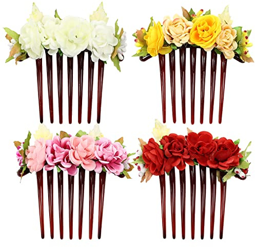 Cinaci 4-teilige künstliche Blume Kunststoff Haar Seitenkämme Dias Clips Rose Floral Hochzeit Braut Kopfschmuck Haarnadeln Chignon Haar Schmuck für Frauen Mädchen Braut