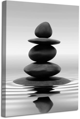 LZIMU Schwarz weißes Zen Leinwandbild Steine im Wasser Kunstdruck auf Leinwand für Badezimmer Yoga Meditation Spa Wohnzimmer Schlafzimmer Wanddekoration Gerahmt (40x60cm)