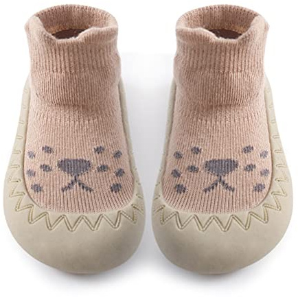 Exemaba Toddler Sock Shoes - Baby First Walking Shoes Soft Sole with Grips for Boys & Girls (Coffee Lion, Tag22/12-18 M)
