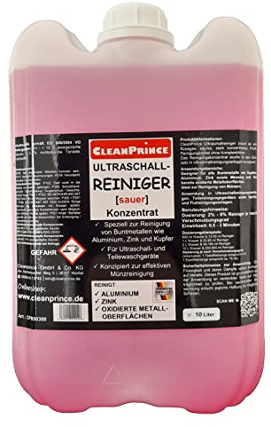 CleanPrince Pulitore ad ultrasuoni, 10 litri, acido, detergente a ultrasuoni, concentrato, metalli non ferrosi, alluminio, zinco, rame, pulizia a ultrasuoni, superfici metalliche ossidate