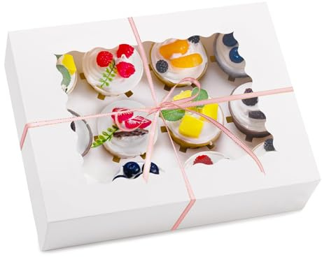SUPERFA 10Pcs 12 Hole Cupcake Boxes with Window for Home Baking and Cake Shop (No Folding) (White)