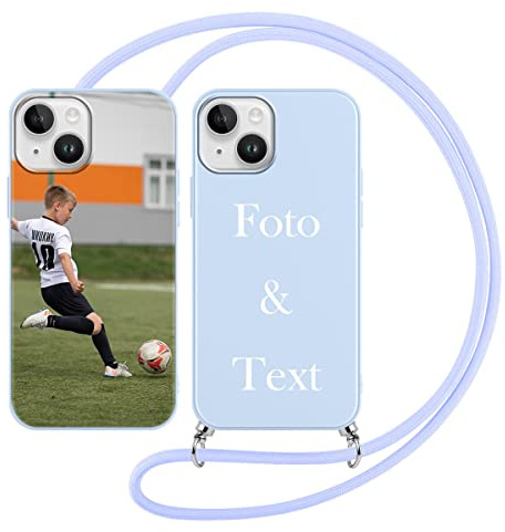 Yoedge Handykette Personalisierte Handyhülle für Apple iPhone 13 Mini Hülle mit Band Kordel 5,4,Selbst Gestalten mit Foto Bild Text Individuelle Schutzhülle Blau Cover für iPhone 13 Mini Case