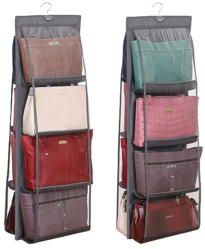 Winter Shore Handtaschen Aufbewahrung [2 Pack] - Faltbarer Kleiderschrank Organizer Hängend für Geldbörsen & Handtaschen - Mit 8 Durchsichtigen Kunststofffächern & Galvanisiertem Schwerlasthaken