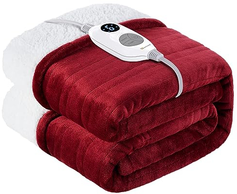 Warmrest Couverture Chauffante Électrique 130x180 cm, Rouge Flanelle Sherpa, 6 Niveaux De Température, 1-10 Heures Arrêt Automatique & Protection Contre La Surchauffe, Lavable en Machine