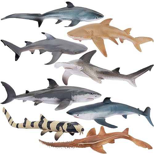 TOYMANY Juego de 8 figuras de animales de tiburón océano, juguete de animales marinos con tiburón martillo, tiburón blanco, tiburón limón, juguete de bañera para niños, para jugar o como decoración
