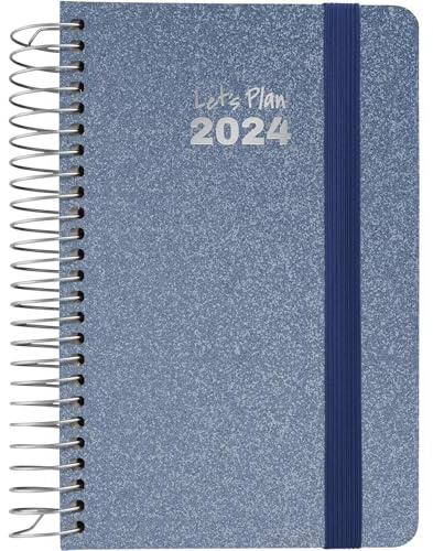 Grafoplás | Tagesplaner A6 | 2024 | Spanisch | 10,5 x 16,5 cm | Hardcover | metallisierter Stoffbezug | elastischer Verschluss | Arctic Blue | Serie Metallic