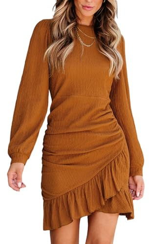 CUPSHE Vestido de mujer, de cuello redondo, manga larga, con pliegues decorativos, dobladillo asimétrico con volantes, estilo cruzado, vestido corto de ocio elegante, para fiesta, mini vestido