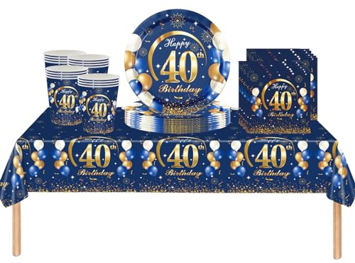 ATBEAMEN ATB-SStableware - Set di 53 tovaglie in plastica, piatti di carta, tovaglioli e bicchieri, per feste di compleanno, usa e getta, per feste per adulti, colore: blu navy
