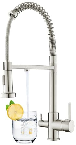 KEOKBON 3 Wege Wasserhahn Küchen mit Herunterziehen Brause, 360° Drehbar 3 in 1 Küchenarmatur aus Messing und Rostfreier, Drei Wege Mischbatterie, Trinkwasserhahn mit 2 Hebel, Gebürstetes Nickel