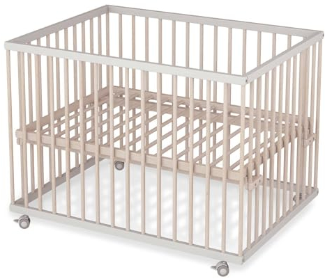 Sämann Laufstall Baby mit Lattenrost | stufenlos höhenverstellbar | Laufgitter Premium | Babybett aus Holz | Krabbelgitter (weiß/natur, 75x100 cm)