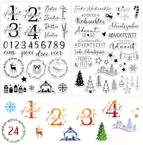 BOOMTOP 2 Bögen Silikon Stempel Advent Zahlen Klare Stempel Adventskalender Adventszauber Stempelset Weihnachten Advent Clear Stamps Deutsch Sprüche für Kartenherstellung DIY Geschenk Scrapbooking