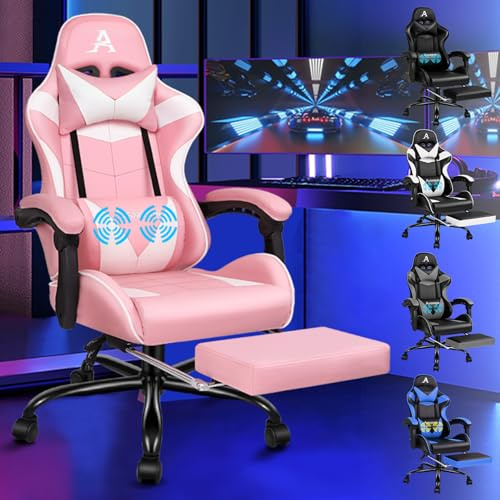 ALFORDSON Massagerande spelstol, professionell spelstol med ländryggskudde och nackstöd, ergonomisk kontorsstol med fotstöd, justerbar 90–150°, lastkapacitet 180 kg, konstläder (rosa)