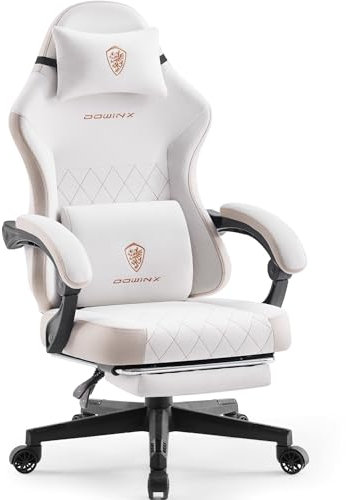 Dowinx Gaming Stuhl Stoff mit Frühling Kissen, Massage Lendenwirbelstütze Bürostuhl mit Fußstütze für Erwachsene, Ergonomischer Gaming Sessel Groß und Hoch für Office Gaming 135KG, Beige