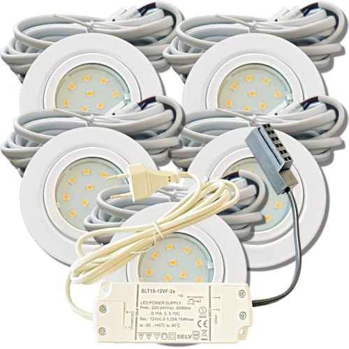 5er Set IP44 LED Möbel-Einbauleuchten 12V flach 2,4W, 200lm, Weiß, inkl. Trafo, 230V Kabel, Netzstecker & AMP Verteiler, Bohrloch 54-60mm, Warmweiß 3000K – Ideal für Bad, Küche, Wohnzimmer, Schränke