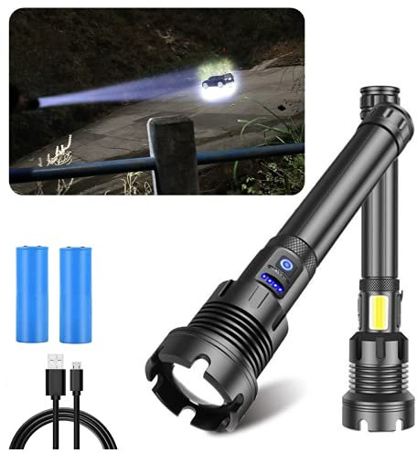 HHOZsafety 90000 Lumens Xhp90 Led Flashlights - with USB Power Output Side Work Light Zoomable Handheld Flashlights,7 Lighting Modes, for Emergencies Or Outdoor (2×18650 Battery) (2×26650 Battery)