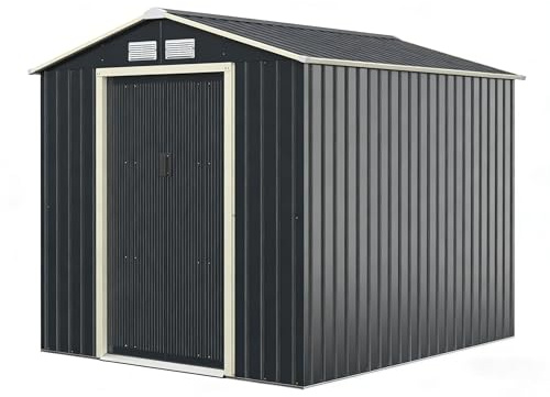 RELAX4LIFE Casetta da Giardino 213x255x195 cm (Base: 4,98 m²), Acciaio Zincato, 4 Prese d'Aria, Porta 96x162 cm, Tetto Inclinato, Porte Scorrevoli, Grigio