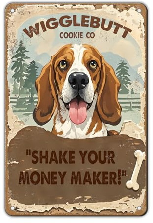 KIYOYO Metal Tin Retro Sign Basset Hound Wigglebutt Cookie Shake Your Money Maker Tin Sign,Vintage Wall Decor,Novelty Signs For Home Kitchen Cafe Bar Man Cave 12x8 Inch