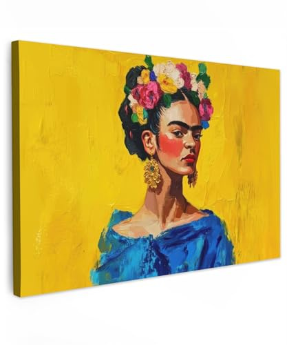 MuchoWow© Wandbilder Schlafzimmer Home Deko Wohnung Bild Wohnzimmer | 60x40 cm - Fotoleinwand Wand Bilder Leinwand Wall Decor Frida Kahlo - Frau - Gelb - Blau - Blumen