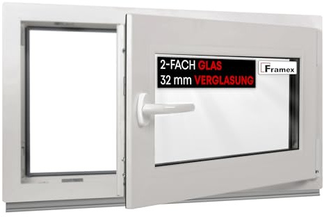 Framex Kellerfenster Fenster Kunststofffenster Weiß Breite x Höhe 95 x 45 cm (950 x 450 mm) 2-fach (32 mm) Dreh Kipp DIN Rechts - Premium - Alle Größen