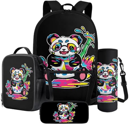Xoenoiee Colorful Paint Panda Pattern School Backpack Set with Lunch Box Pencil Pouch and Water Bottle Holder for Teen Kids Elementary Primary Middle School